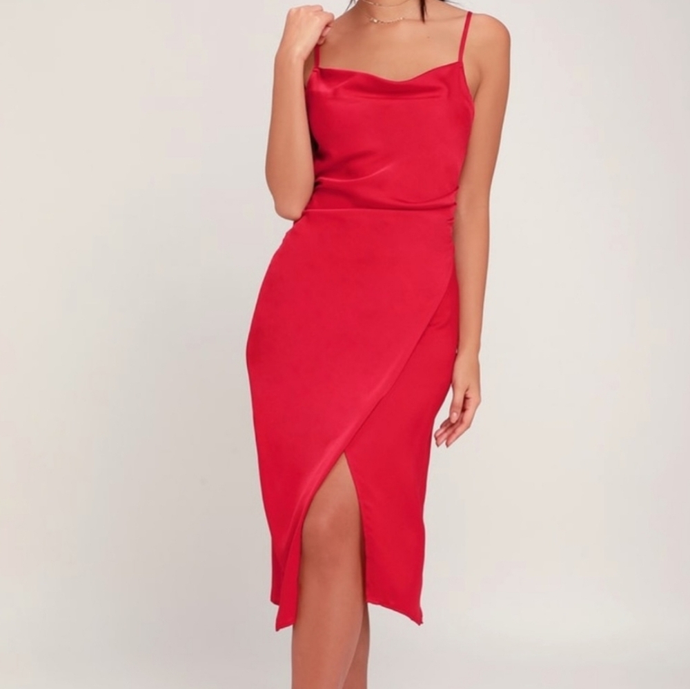 Hollywood Woman Red Satin Midi Dress